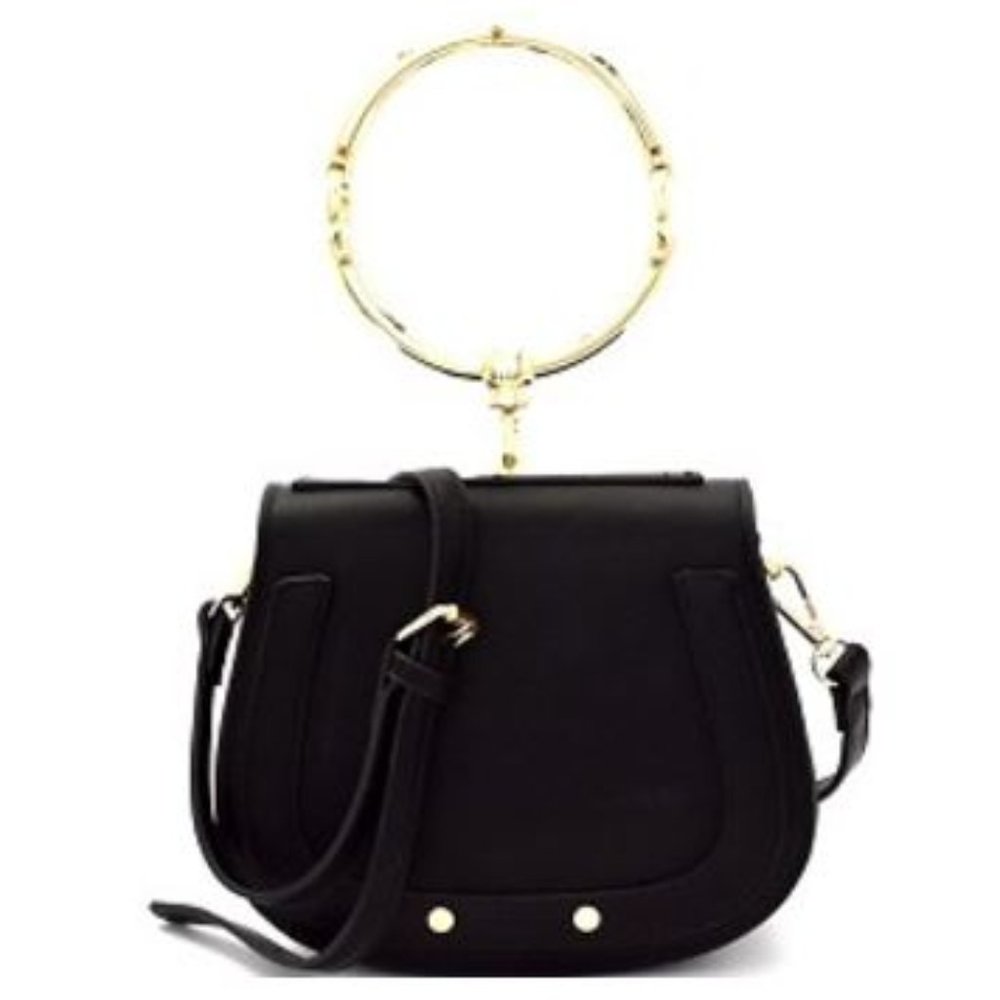 Hoop Ring Handle Flap Cross Body Saddle Bag 